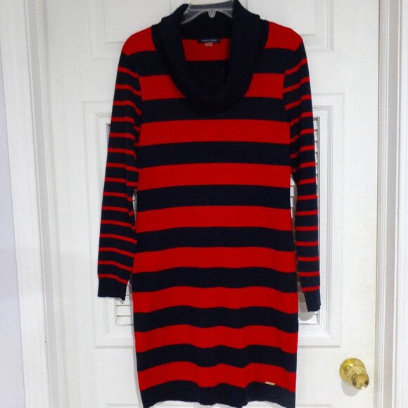 Tommy Hilfiger Women's Navy Blue Red Stripe Funnel Turtleneck Sweater Dress Sz M - Picture 1 of 7